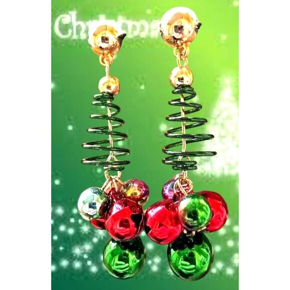 Christmas Tree Earrings New Handmade Jingle Bells Dangle Posts Festive P… - Picture 5 of 12